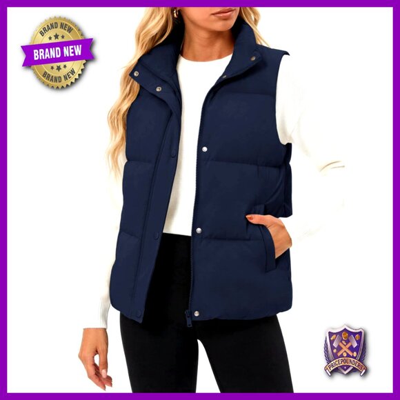 Women's Puffer Down Vest with Pockets Stand Collar Water-Resistant